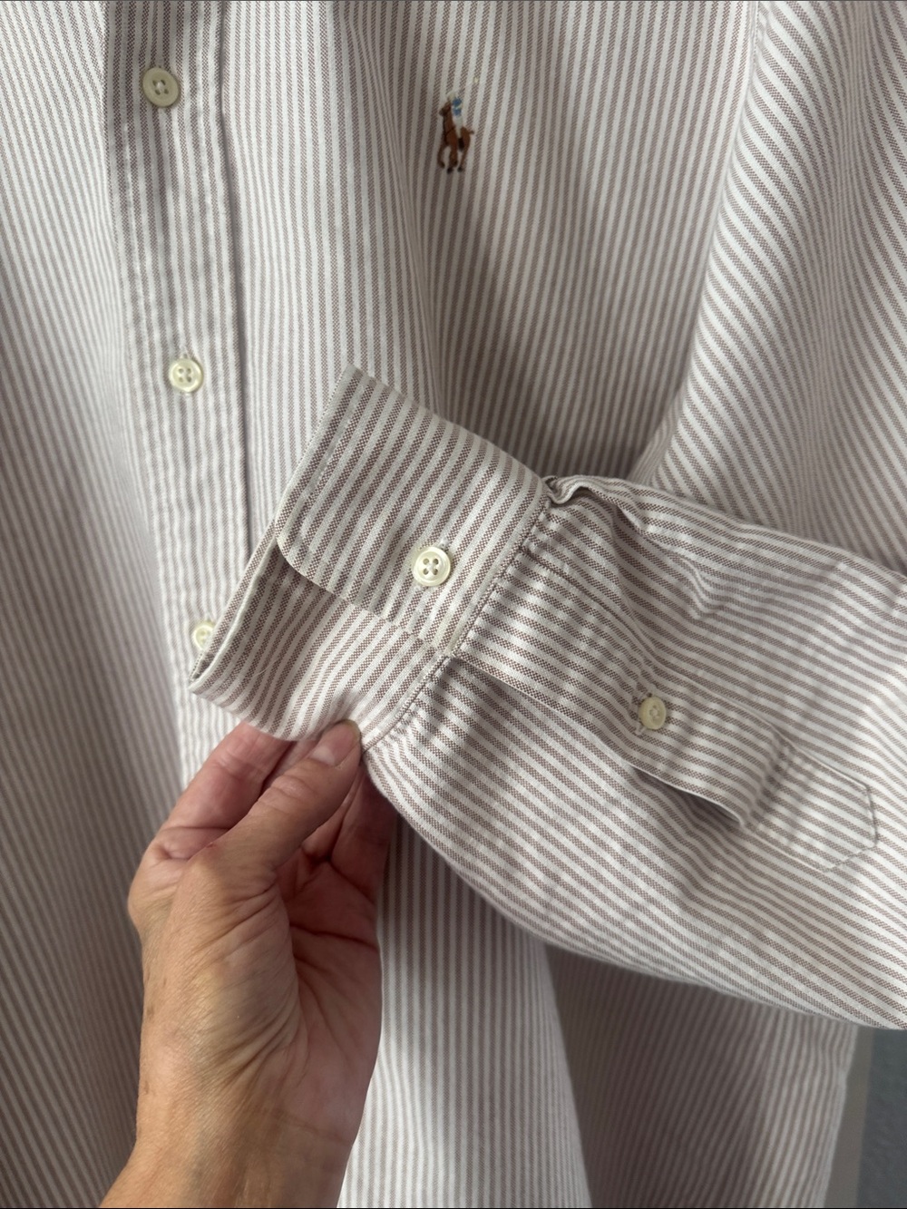 Vintage 90s Ralph Lauren Beige & White Stripe Button-Down Shirt. Made in Jamaica - Picture 3 of 8
